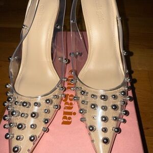 NWOT Cult Gaia Bijan Sling Back Transparent Heels with Silver Studs
